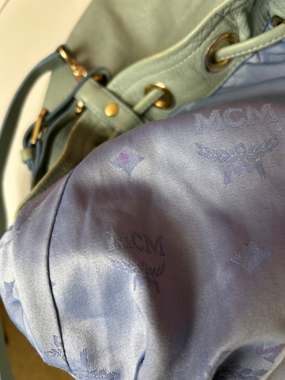 MCM Pale Blue Pebbled Leather Drawstring Hobo Bag - Picture 12 of 15